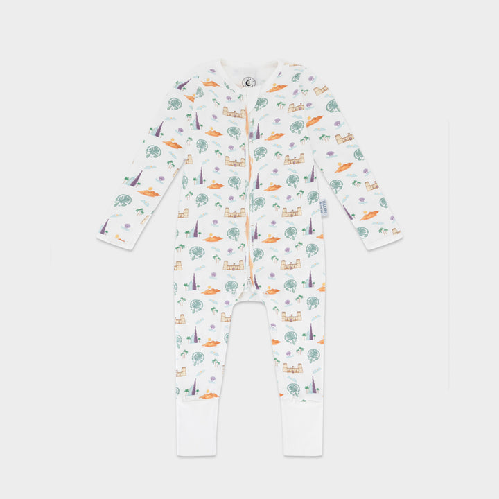 Baby onesie with a colorful animal pattern on a white background