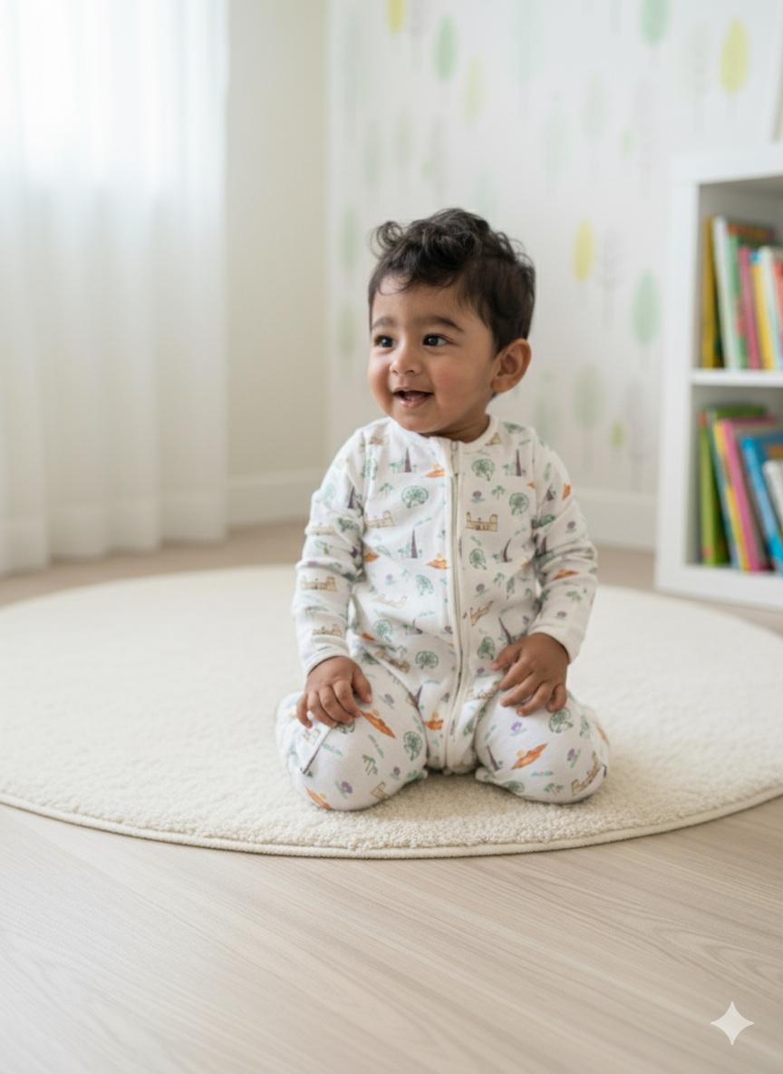 Baby sitting on a rug in a room with books and a curtain - UAE_Convertible_Footies_Sleepsuit_6-9_months_9-12_months_12-18_months