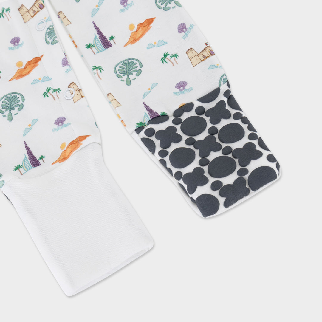 Three fabric swatches with different patterns on a white background - close up - UAE_Convertible_Footies_Sleepsuit_6-9_months_9-12_months_12-18_months